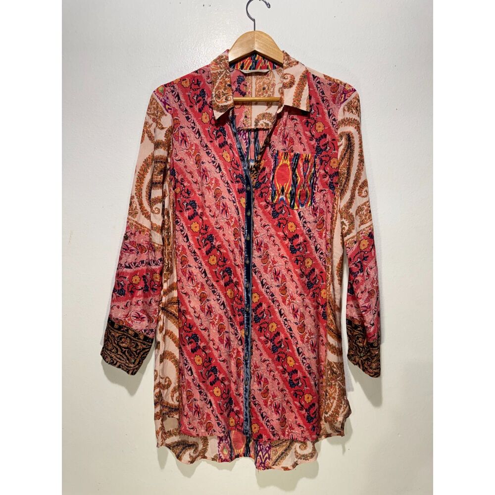 Soft Surrounding button up shirt bohemian silk rayon blend art to wear women M